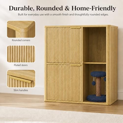 31.5 Inch Cat Litter Box Enclosure with Cat Tree Cabinet, Natural | Hidden Litter Box Furniture with Dual Entry Doors, Storage Shelf, Sisal Scratching Post and Modern Side Table Design