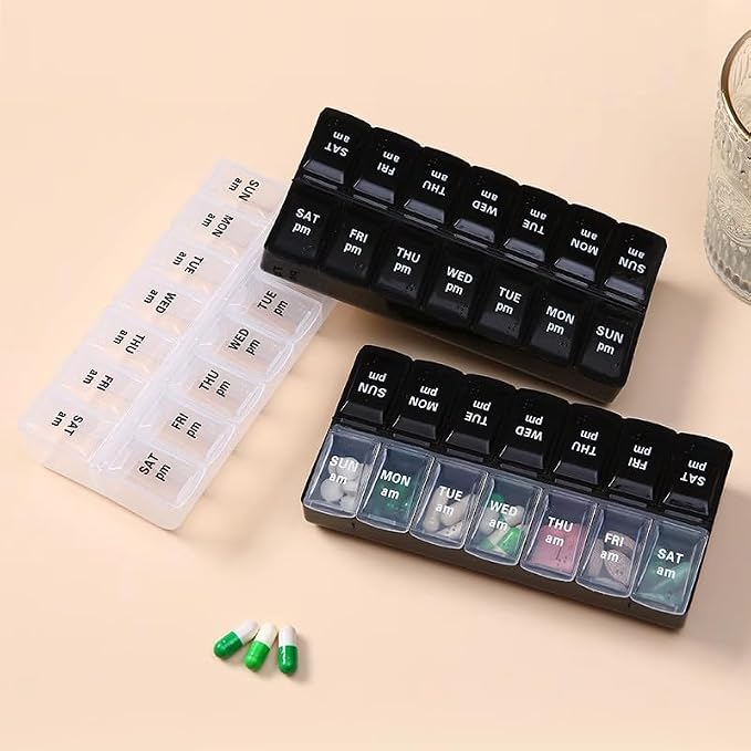 Daily Pill Organizer Box, Travel Large Size Pill Case Dispenser | 14-day Weekly Medicine Supplement Holder, Portable Vitamin Sorter Fish Oil Capsule Tablet DHA Container, Black + Transparent