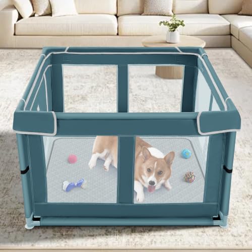 42 × 42 inch Dog Playpen with Pee Pad, Soft Puppy Playpen, 25 Height Pet Playpen for Small Dogs and Small Animals, Dog Fence Indoor, Play Yard with Zipper Door(Green)