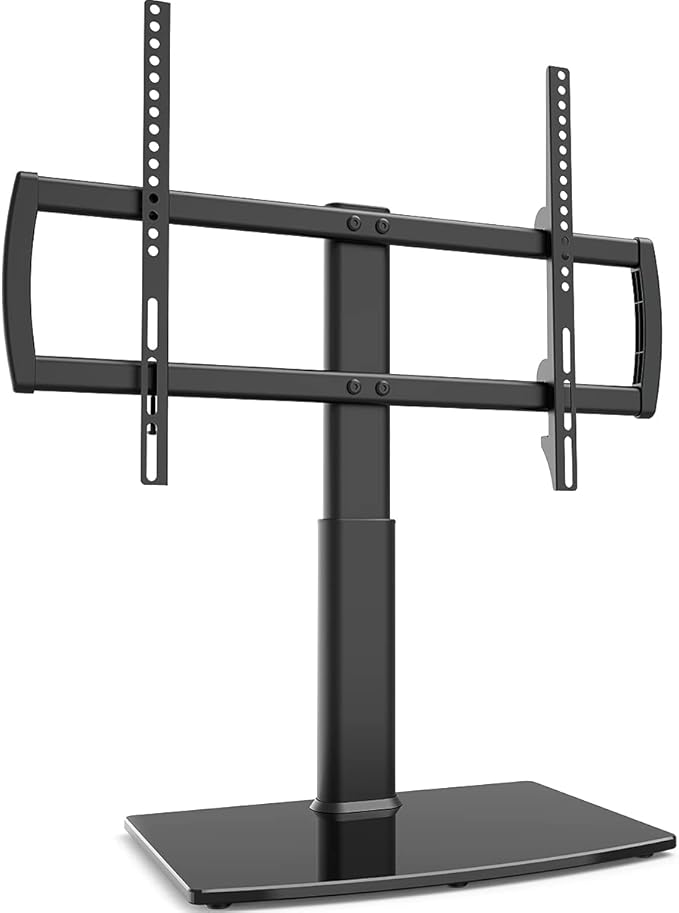 Universal Tabletop TV Stand with Wall Mount for 32 to 70 inch 4 Level Height Adjustable, Heavy Duty Tempered Glass Base, Holds up to 110lbs Screens, HT03B-002