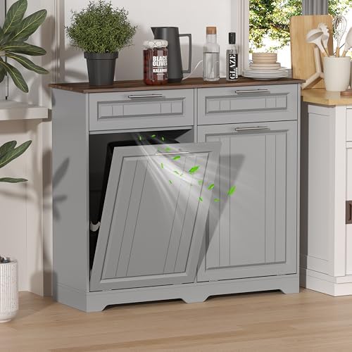 Double 10 Gallon Tilt Out Trash Can Cabinet with Deodorizing Function, Wooden Hidden Garbage Can Holder with Storage Drawers for Kitchen and Dining Room, Laundry Hamper Cabinet for Bathroom, Grey