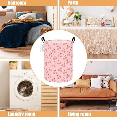 Round Laundry Basket Collapsible Storage Hamper Organizer Pink Cherry | Waterproof Canvas Foldable Baskets with sturdy Handles Multi-scene Organizer for Home Play Bedroom Gift Bin