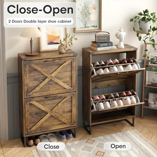 Maupvit 24" W Farmhouse Shoe Cabinet Storage for Entryway, Freestanding Organizer with 2 Flip Drawers, Narrow Shoe Rack Cabinet with Metal Corner Decoration, Rustic Brown