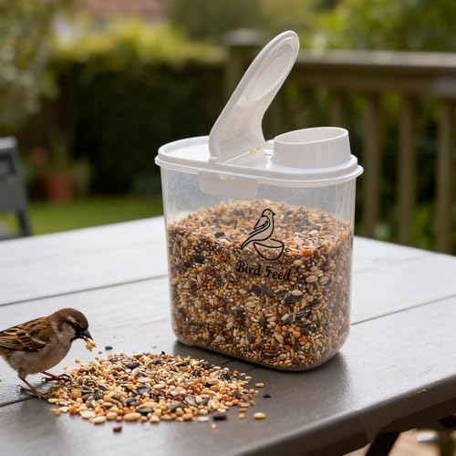 Bird Seed Storage Container,2.1 Qt/2L Bird Food Container with Pour Spout | Bird Food Storage Container with Scale for Sunflower Seeds, Portable Travel Kibble Storage Dispenser for Small Animal, White