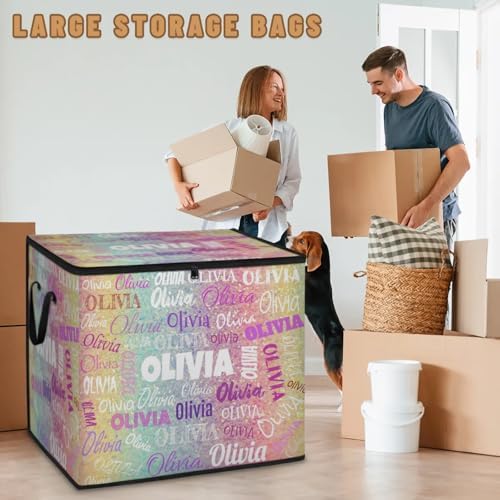 Personalized Name Foldable Storage Basket Cubes with Lid, Laundry Hamper Dirty Clothes Pet Toys Storage Bin with Handles for Shelf Home Closet Kitchen, Yellow Pale Turquoise Pink Glittering