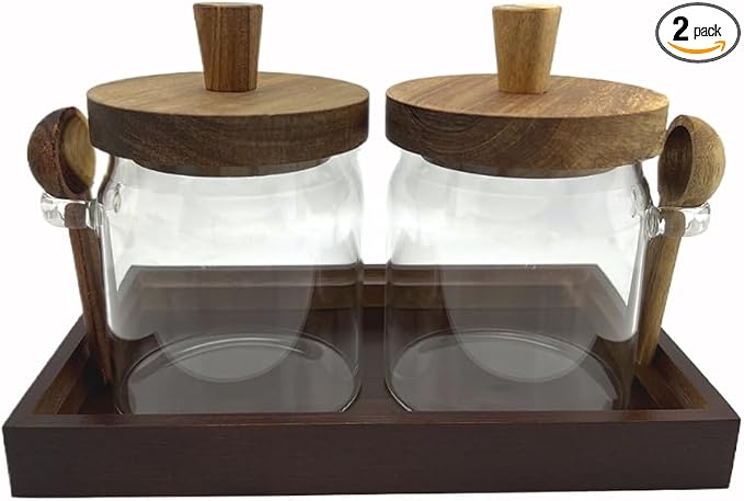 Glass Jars with Brown Wooden Lids and Scoop, Airtight Food Storage Containers with Tray for Sugar Coffee Bean Candy Spice (2, Brown, 13 oz)