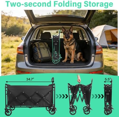 Folding Wagon Cart with All-Terrain Wheels – Heavy Duty Collapsible Utility Wagon for Grocery, Sports, Garden, Camping, Shopping (Black 500LBS)