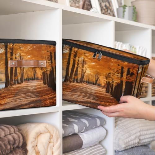 Fall Landscape Collapsible Fabric Storage Bin with Lid | Storage Basket, Foldable, Waterproof, Handle, Large, Closet Organizer, Home, Forest Autumn