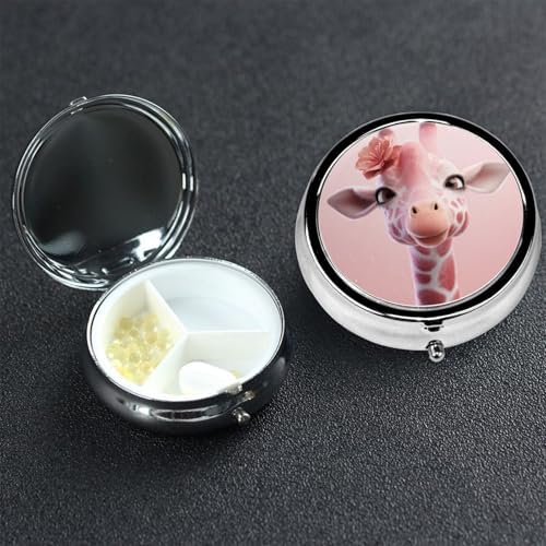 Pill Box 3 Compartment Medicine Pill Case for Pocket or Purse Mini Metal Pillcase Pink Giraffe Pill Holder Vitamin Organizer Portable Travel Pills Container to Hold Supplements Vitamins
