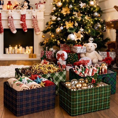 Chunful 4 Pack Christmas Tartan Plaid Storage Baskets for Gifts Collapsible Green Tartan Decorative Laundry Storage Bins Foldable Box with Handles for Home Bedroom Office Holiday Clothes Containers