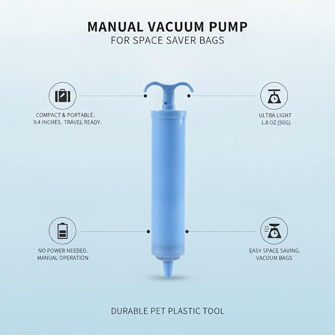 Hand Pump for Vacuum Storage Bags, Portable Air Extractor for Travel & Closet Organization, Durable PET Plastic Manual Compressor (Blue)