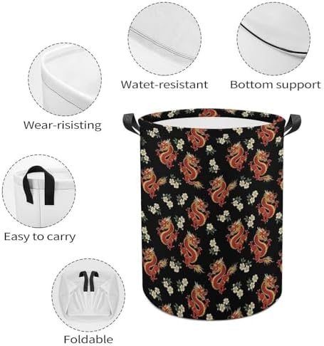 Waterproof Laundry Hamper with Handles Floral Chinese Japanese Dragon Flower, Collapsible Basket for Clothing, Toy, and Towel Organization in Home and Nursery