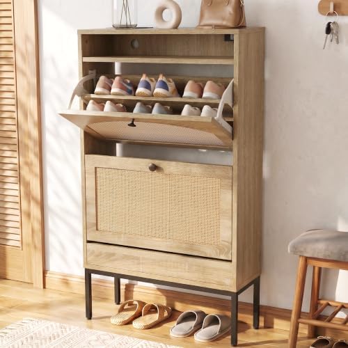 2 Flip Drawers Shoe Cabinet Storage for Kid’s/Women, Narrow Shoes Organizer Cabinetfor Front Door Entrance, Free Standing Hidden Wooden Shoe Rack (Wood)