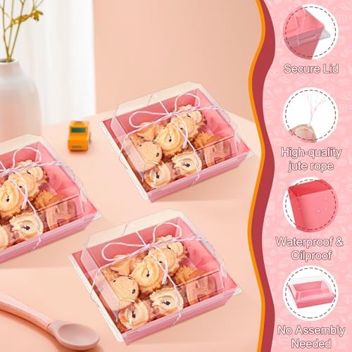 50 Pack Small Charcuterie Boxes with Clear Lids,5 inches Disposable Food Containers,Pink Dessert Boxes with Thank You Stickers,Bakery Box for Sandwich, Strawberries,Cookie,Cake Slice(Pink)
