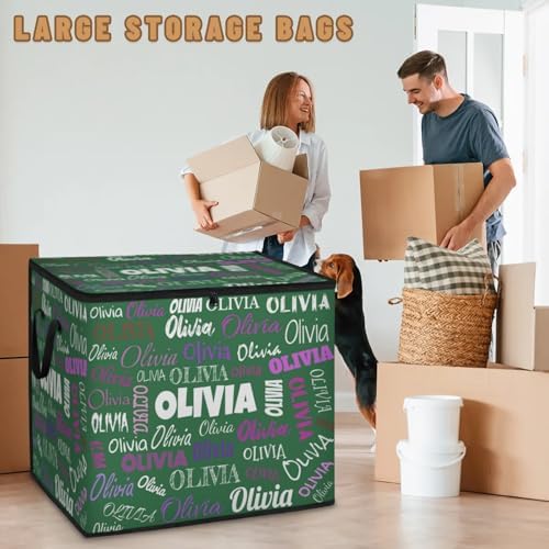 Personalized Storage Bags with Lid Large Blanket Clothes Organization and Storage Containers for Comforters,Bedding, Foldable Organizer with Reinforced Handle, Deep Froest Green