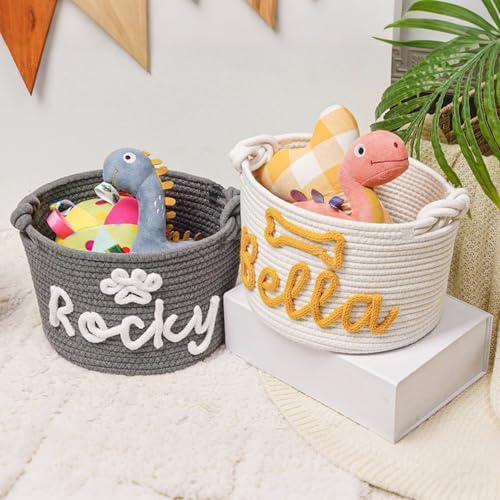 Personalized Dog Toy Storage Basket Bin Custom Pet Woven Baskets Pet Name Gift Toy Storage Cotton Rope Storage Box for Dogs & Cats Toys, Blankets and Accessories (Style C)