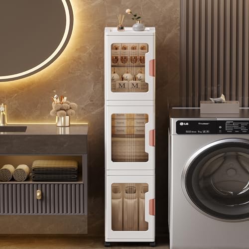 2-Tier Slim Tall Bathroom Storage Cabinet，Narrow Bathroom Storage Cabinet with Transparent Doors and Shelves, Suitable for Small Spaces, Bathrooms, Kitchens, White (9.8x11.4x31.5)