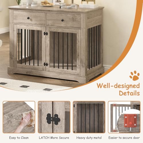 PRETZI Dog Crate Furniture, 44 Inch Wooden Dog Kennel Indoor with 2 Storage Drawers, Heavy Duty Large Crate Furniture, Decorative End Table Cage Furniture for Small/Medium/Large (Grey)