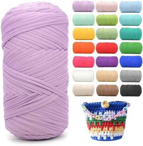 400g Tshirt Yarn for Crochet,Purple T Shirt Soft Elastic Fabric Chunky Thick T-Shirt Crochet Yarn for Crocheting Knitting Beginner Hand Knitting for Bag/DIY Craft/Home Decor-Light Purple