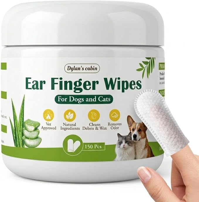 Dylan's cabin Dog Ear Wipes - 150 Count Finger Wipes for Dogs and Cats, Pet Ear Cleaning Remove Wax Dirt Debris, Odor Gentle Alcohol Free Daily Ear Care