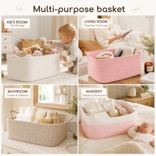 OIASKET Large Empty Cotton Rope Gift Basket with Handles, 16.5"x12.6"x7" Decorative Woven Storage Basket with Gift Bag and Ribbon Set for Baby Shower, Toy Organizer for Kids, Dogs & Cats - Pink