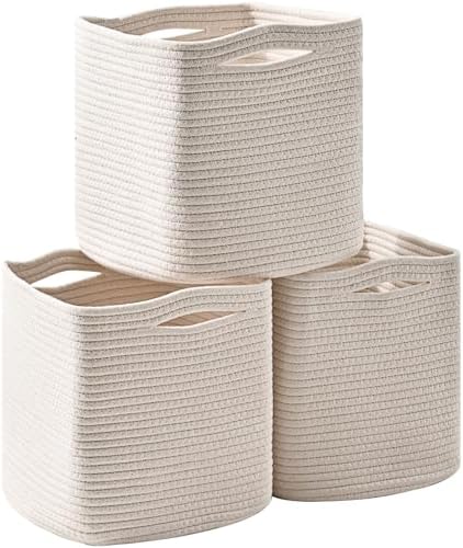 ICERZCZ 13 Inch Cube Closet Storage Bins, Woven Cotton Rope Organizer Baskets for Organizing & Shelves, Books, Towels, Clothes, Toys, 13x13x13 in, Off White (Pack of 3)