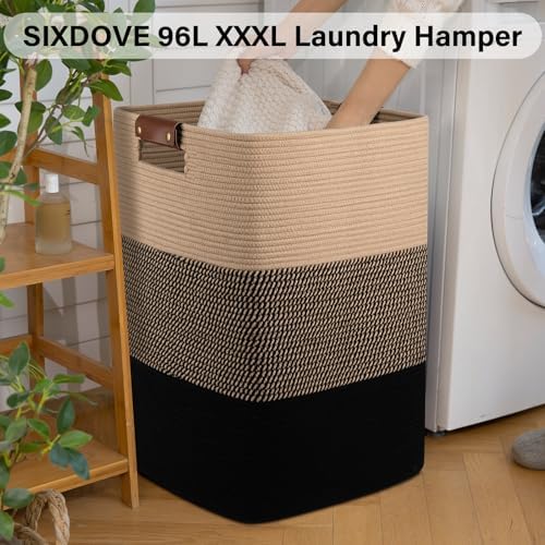 Laundry Hamper 96L Extra Large Laundry Basket, Woven Blanket Basket | Cotton Woven Storage Hamper with Handles for Living Room, Large Baskets for Pillows, Blankets, Clothes-Black & Yellow