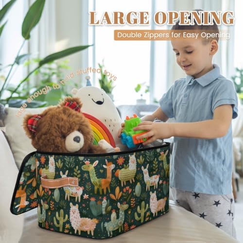 Llama Alpaca Storage Box with Zipper Lid | Collapsible, Fabric, Storage Bin, Handle, Large, Closet Organizer, Containers, Bedroom, Home, Tropical Plant Cactus