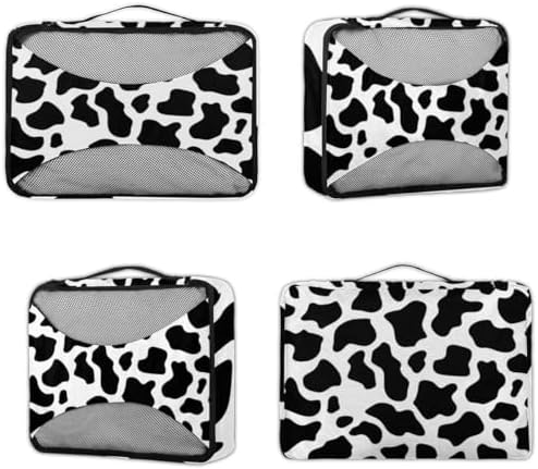 Black White 4 Set Packing Cubes Luggage Organizer Bags for Travel Accessories and Essentials, Fun Cow Print Farm Animal