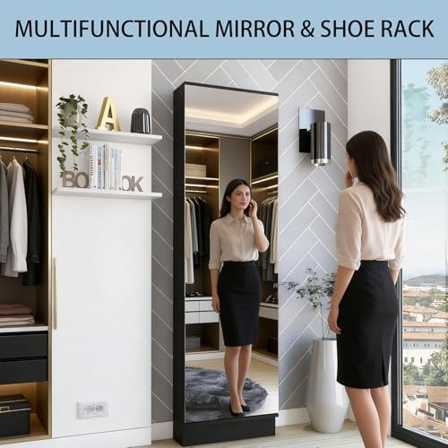 Shoe Cabinet with Mirror Modern Black Mirrored Shoe Storage Cabinet 67" Tall 5-Tier Shelves Narrow Shoe Storage Cabinet for Entryway Space Saving Furniture (Floor-Standing, Black)