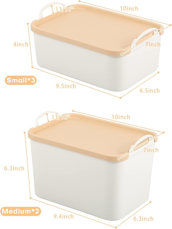 ANMINY White Plastic Storage Bins Baskets with Lids, 5-Pack, 2M+3S | Large Plastic Bins, Sturdy PET, with Handles, Stackable, Opaque Storage Boxes, for Closet Shelves Desk, Wheat Lids