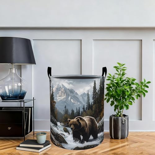 Bear Laundry Basket Hamper, Organizer Bins Gifts for Women Kids, Wilderness Wildlife Foldable Waterproof Clothes Hamper Handles Storage Bucket for Bedroom Bathroom Room Decor 19.7"x15.7"