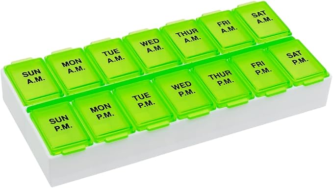 Ezy Dose Weekly (7-Day) AM/PM Pill Organizer, Medium Medicine Case, Green | Daily Vitamin Box & Supplement Planner, Pop-Up Lids, 2 Times a Day Compact Pill Holder, Portable & Travel-Friendly, BPA-Free