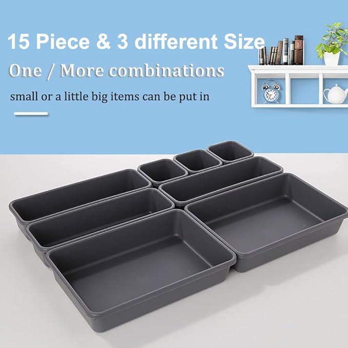Kutesna 15 PCS Interlocking Desk Drawer Organizer Separator for Office,Bathroom,Kitchen,Makeup（Black） (Pack of 3)