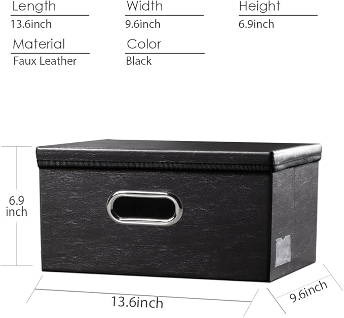 Collapsible Storage Box with Lid [1-Pack] Leather Fabric Foldable Storage Bin Organizer Container Basket Cube with Cover for Home Bedroom Closet Office Nursery Black (13.6x9.6x6.9)