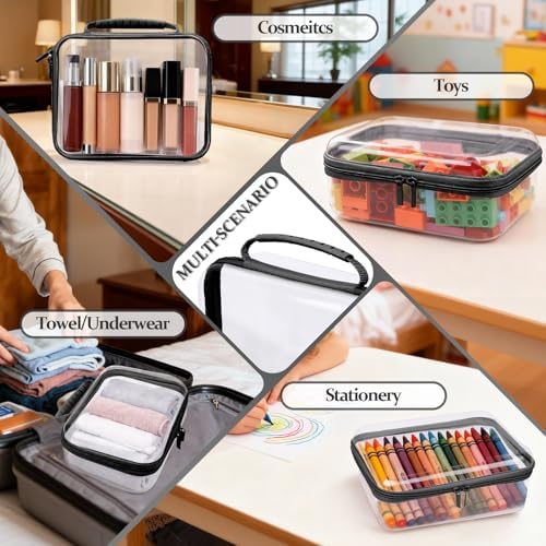 3 PCS Clear Zipper Pouches with Handle, Diaper Bag Organizer, Clear Makeup Bags Hardshell Toy Storage Bins with Zipper Toiletry Pouch Bag for Cosmetics Pencils Puzzles, Building Blocks(Black)