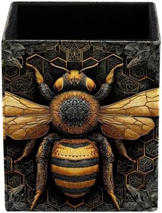 Artistic Bee Pen Holder for Desk Decor, Rectangular PVC Leather Pencil Cup for Desk Pen Organizer, Makeup Brush Holder for School, Home, Office