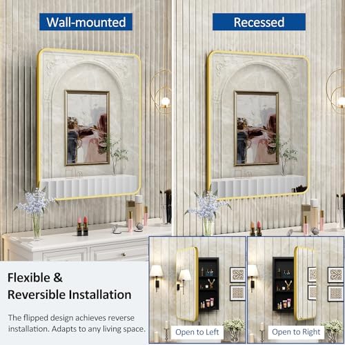 ACEMIRO 24x30 Inch Bathroom Medicine Cabinet with Mirror Gold Metal Framed Recessed or Surface Wall Mounted Mirrored Medicine Cabinets for Bathroom