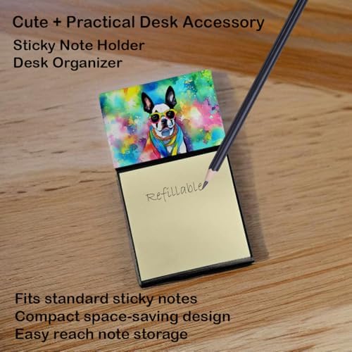 Caroline's Treasures Boston Terrier Hippie Dawg Sticky Note Holder Refillable Dispenser Self-Sticky Note Pads, Memo Pads Blank Desk Accessories