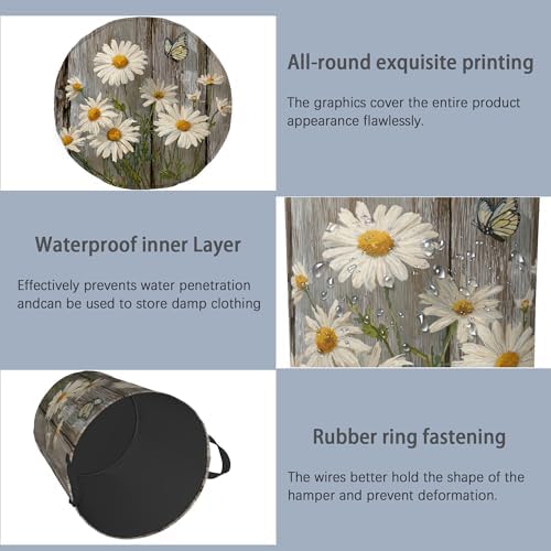 Vintage Daisy Laundry Basket,Wooden Butterfly Oxford Cloth Laundry Hamper with Handle Foldable Portable Clothes Storage Basket for Bathroom Bedroom Dorm Room 16" x 20.8"