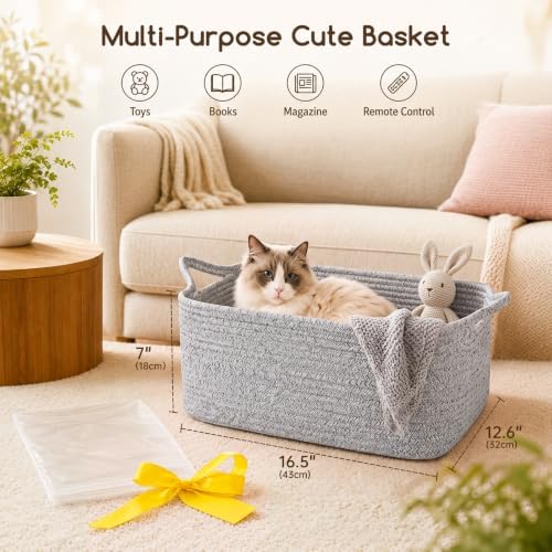 OIASKET Large Empty Cotton Rope Gift Basket with Handles, 16.5"x12.6"x7" Decorative Woven Storage Basket with Gift Bag and Ribbon Set for Baby Shower, Toy Organizer for Kids, Dogs & Cats - Grey