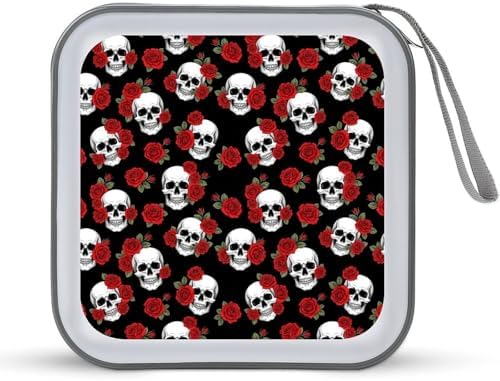 Hard Plastic CD/DVD Organizer Dark Black Red Rose Skull, 40-Disc Storage Binder with Zipper, Portable Protective Case for Car Office