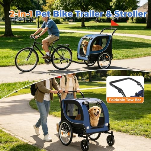 2-in-1 Pet Bike Trailer & Dog Stroller for Ebikes, Heavy-Duty Foldable | Heavy-duty powder-coated steel frame supports up to 100 lbs. 600D Oxford fabric is tear-resistant and sun-protective. Co
