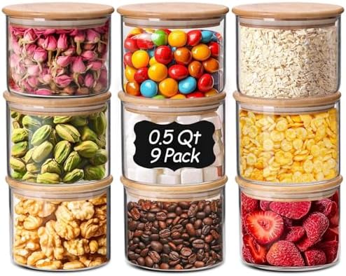 ComSaf Glass Storage Containers with Lids 0.5 Qt, 9 Pack Small Glass Jars | Small Glass Container, Spice Jar, Cookie, Candy, Family Snack Storage, Coffee Bar Organization, Size For Subpackage, BPA Free