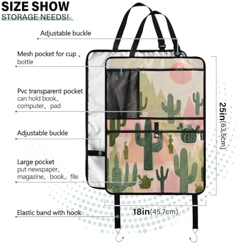 2 Pack Back Seat Car Organizer with Storage Pockets Kick Mats Back Seat Protector Hanging Car Organizer Automotive Seat Back Cover Organizers Boho Cacti Mountains Sun