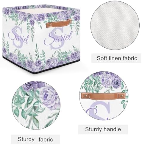 Customized Storage-Basket Collapsible Baby Keepsake-Box Flower Purple Organizer-Bins as Gifts for Girls Boys Baby Adults Cubes Storage-Box Print Name on It