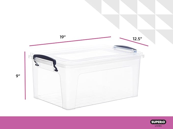 Superio 36 Quart Clear Plastic Storage Boxes with Lids, Stackable Organizer Containers, BPA-Free Storage Bins for Home, Office, School & Dorm, 6 Pack