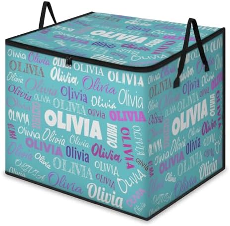Custom Extra Large Storage Baskets Named with Lid, Personalized Storage Bins Basket Boxes Handles for Clothes Blanket Bedroom Closet Organizing Toys Shelves, Lake Blue with Colorful Names