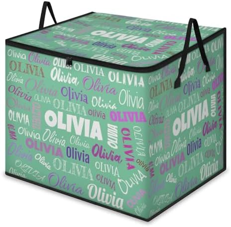 Personalized Extra Large Storage Basket with Lid, Comforters, Bedding Toys Storage Bin with Handles for Home, Collapsible Basket for Clothes, Moving, Car Trunk, mint Green Colorful Name