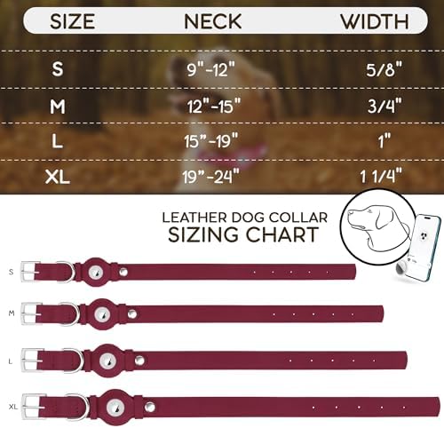 Leather Dog Collar with Airtag Holder - Apple Air Tag Dog Collars - Soft Tracking GPS Pet Collar for Small Medium Large Dogs Breed Puppy (Burgundy, L, 15"-19" Neck Fit)